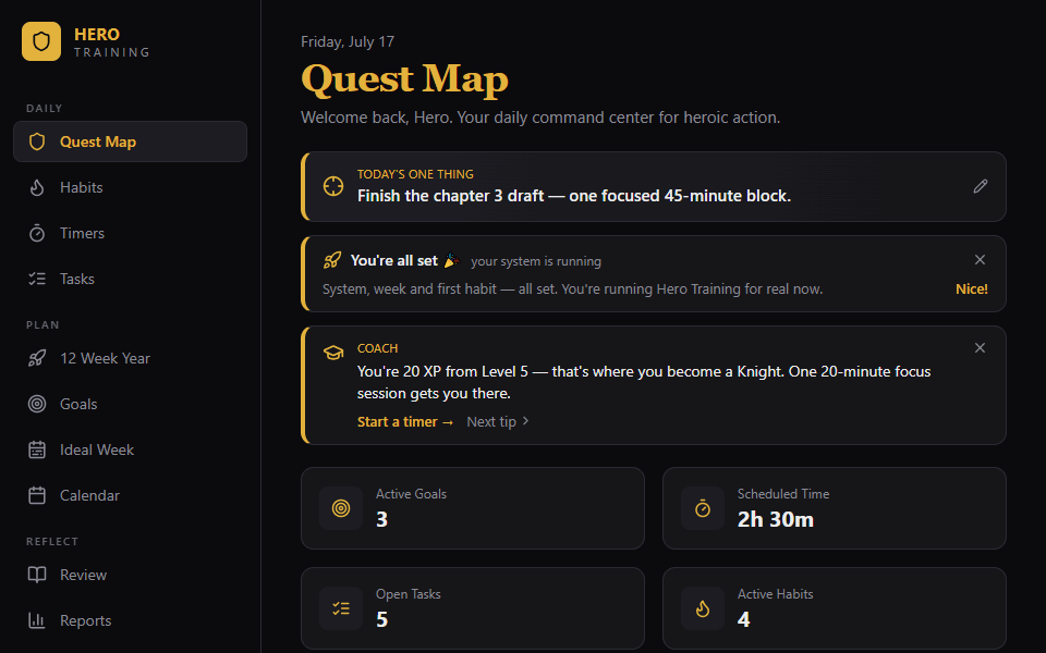 Hero Training in motion: setting today's ONE Thing, running a goal-linked focus timer, and the weekly execution score updating in the 12 Week Year.