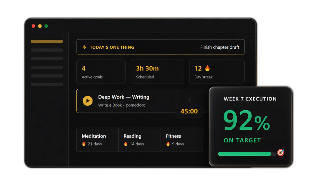 Hero Training on the desktop: today's ONE Thing is "Finish chapter draft", a Deep Work session for Write a Book is running at 45:00, habit streaks read 21, 14 and 9 days, and a card in front of the window shows Week 7 execution at 92% on target.