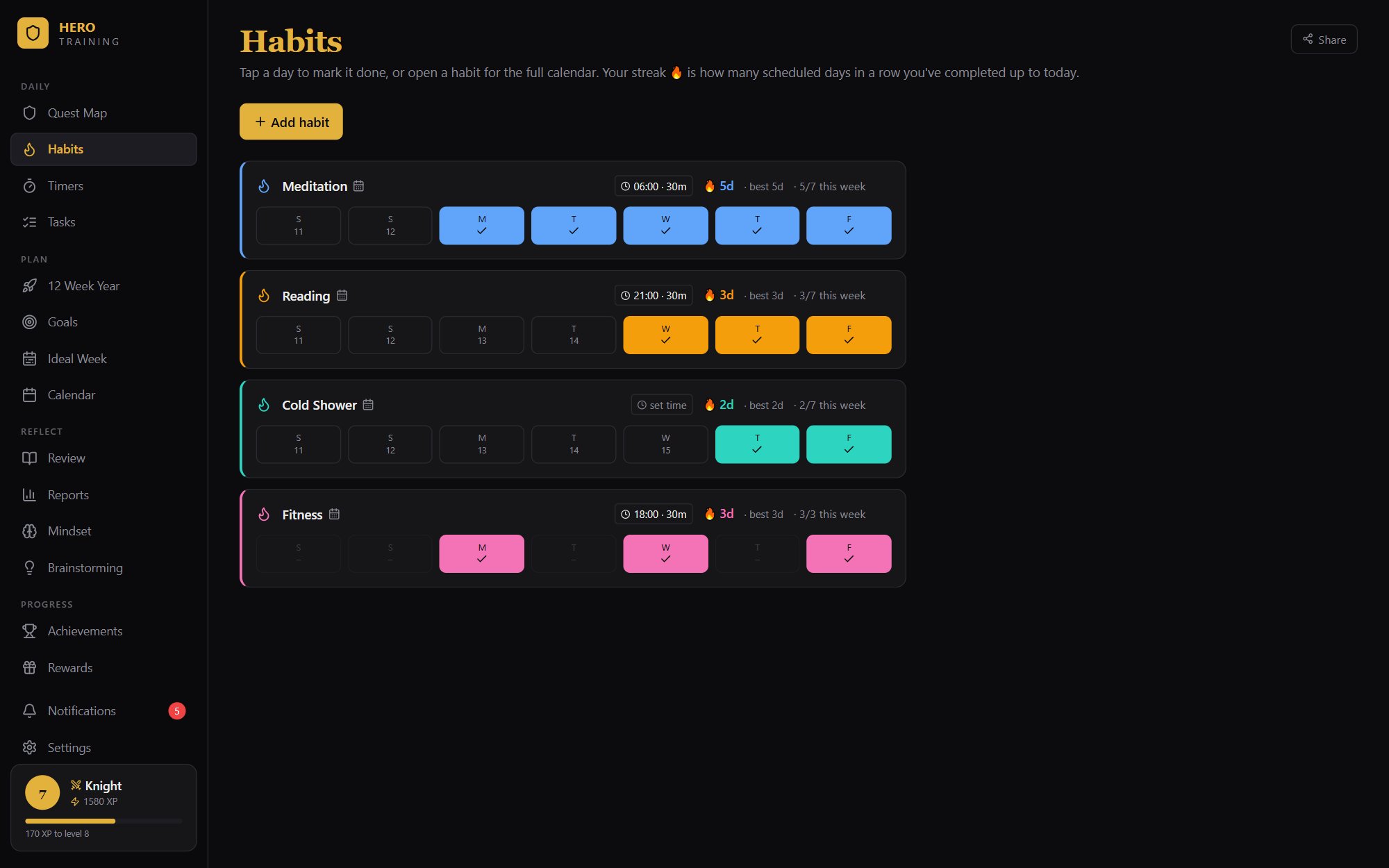 Hero Training Habits — streak tracking with scheduled times
