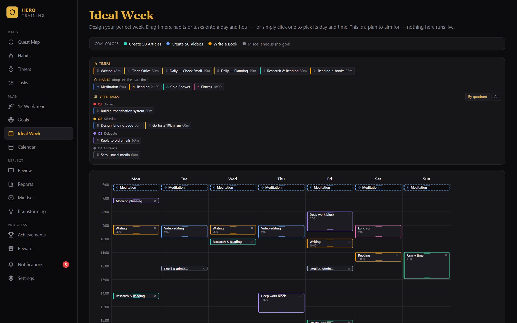 Hero Training Ideal Week — drag and drop weekly time blocking