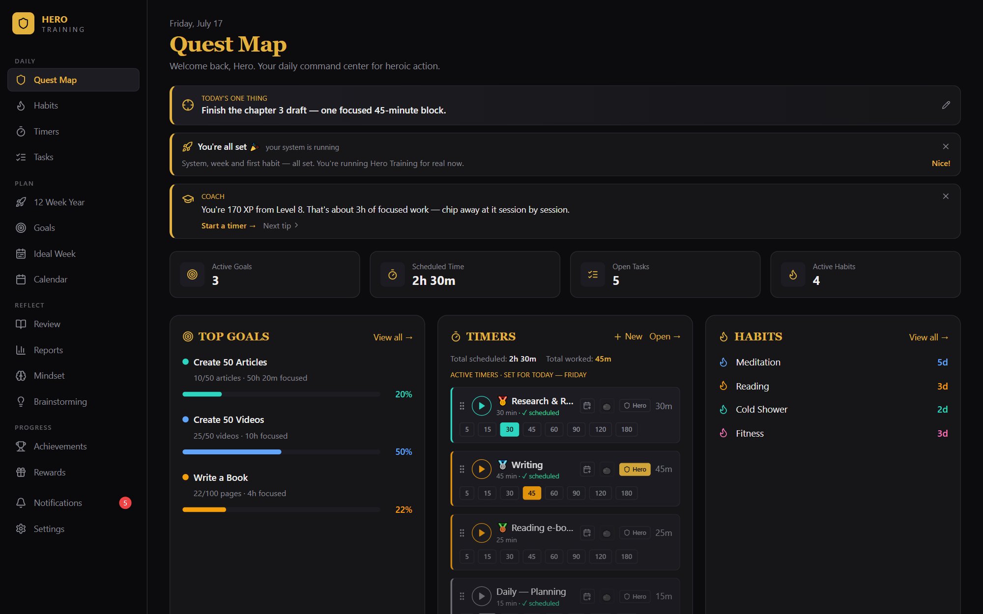 Hero Training Quest Map — daily command center with ONE Thing, focus timers and habits