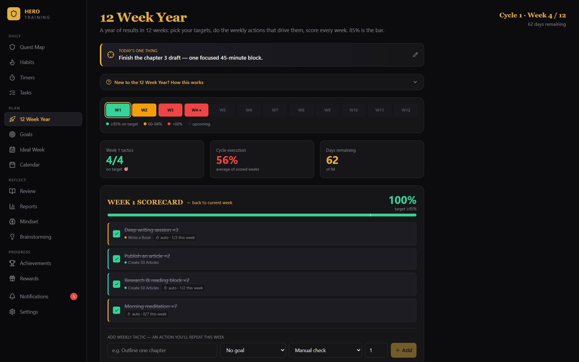 Hero Training 12 Week Year — weekly scorecard with execution percentage